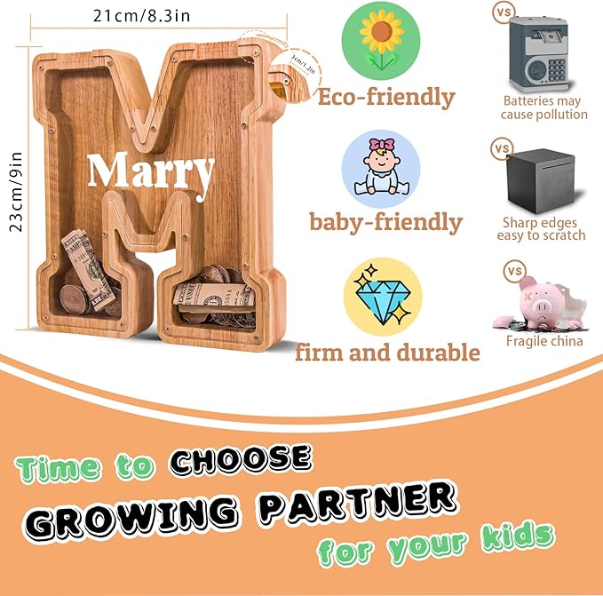 Wooden Letter Piggy Bank for Kids Larger Letter Piggy Bank for Boys and Girls Personalized Piggy Bank Initial Coin Bank Wood Kids Money Bank for Birthday and Festival