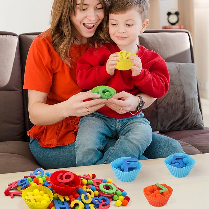 286Pcs Letters and Numbers Sensory Bin Filler Fine Motor Toys Counting Sorting 200 Felt Pompoms 76 Magnetic Letters Numbers 4 Tweezers 5 Silicone Plates 1 Storage Box for Counting Sorting DIY Crafts