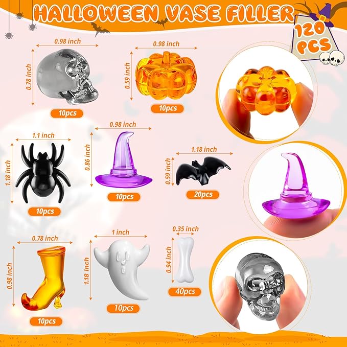 120 Pcs Halloween Vase Filler, Mini Acrylic Witch Hats Pumpkin Ghost Skull Bat Spider for Centerpieces Table Decorations