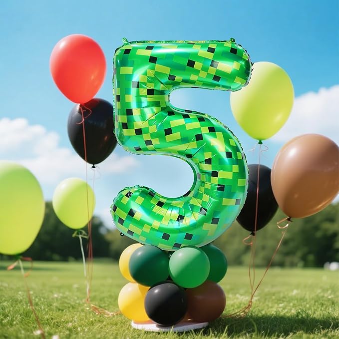40in Pixel Giant Number 5 Balloon Birthday Decorations, Miner Theme Green Foil Balloons Blast Gaming Party Supplies