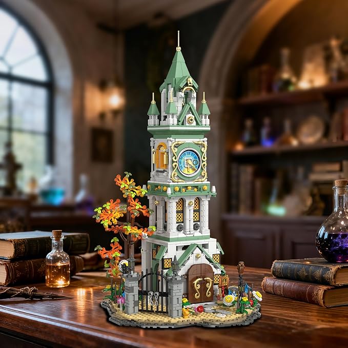Magic Clock Tower Building Set with Light, 1566 PCS Big Medieval Castle House Construction Model with Owl & Garden, Home Decor Building Block Kit, for Adults Teens Boys Girls 12+