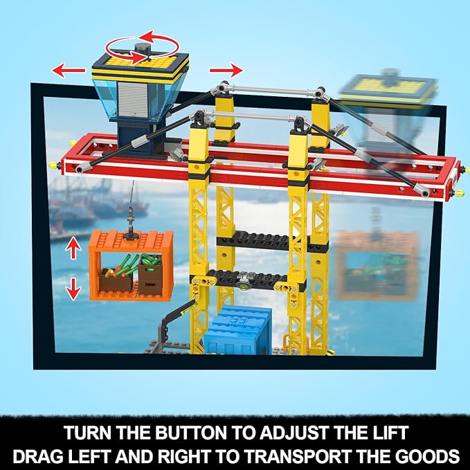 HOGOKIDS City Wharf Building Set with Crane - Includes Ship Train Truck, 4 Containers with Cargo Harbor Building Blocks | Large Construction Toy for for Adults Teens Kids Girls Boys 6-14+（1373PCS）