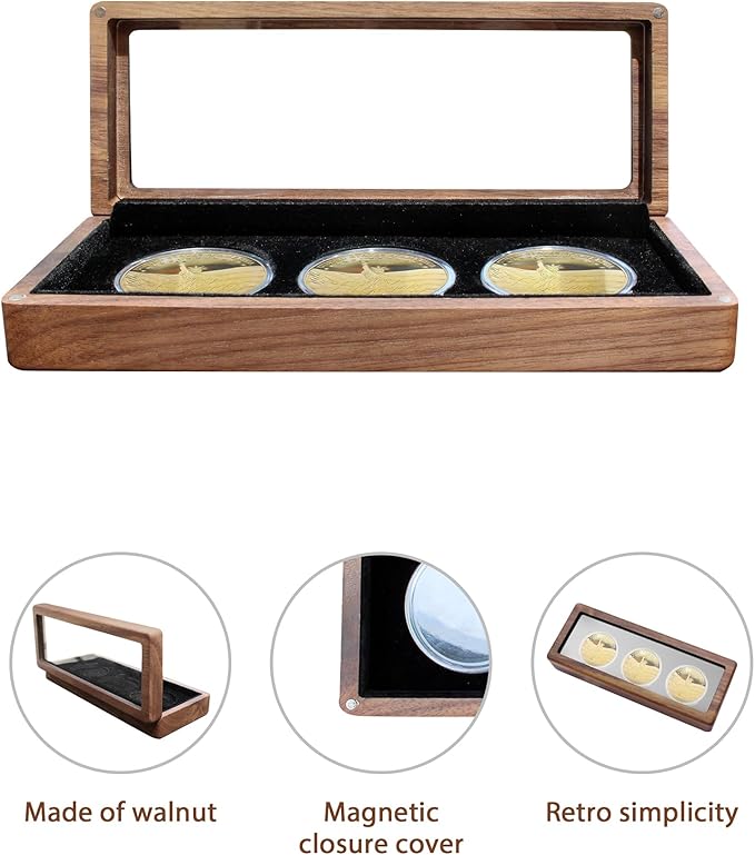 Walnut Wood Challenge Coin Display Case , Coin Box, 3 Slot Design, Compatible with Coins Measuring 17/20/25/27/30/35/40/46mm in Diameter and Less Than 3mm in Thickness