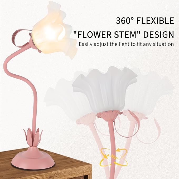 Cute Flower Desk Lamp, 3 Color Temperature Table Lamps with LED Bulb, Vintage Bedside Lamp, Reading Lamps with Soft Light for Bedroom, Living Room（Pink）