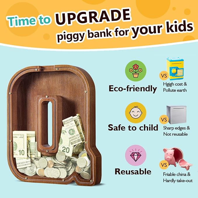 Summidate Customized Name Extra Large Wooden Piggy Bank for Kids Boys Girls Alphabets Letter A-Z Coins Bills Money Change Saving Box Clear Cover (Laser Engraved) Educational Toys 12"- Letter Q