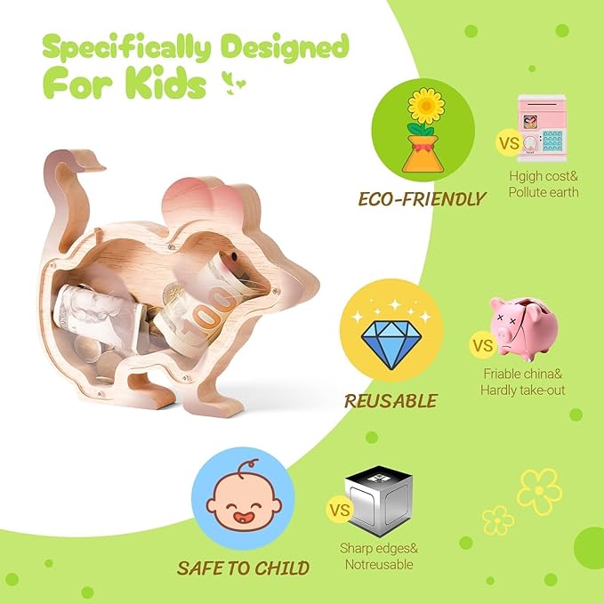 Wooden Rat Piggy Banks for Kids, Adorable Rat Piggy Bank with Acrylic Panels, Unbreakable Toddler Money Box for Boys Girls Adults, Cute Saving Coin Jar for Birthday Décor