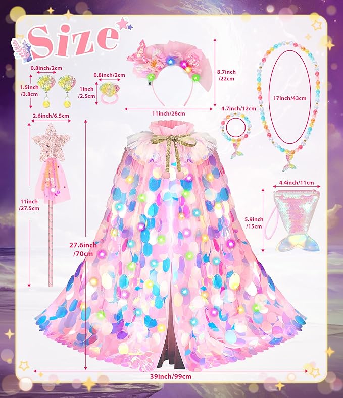 Princess Dress Up Toys Princess Dress Up Clothes Rainbow Mermaid Cape Kit 9 Pcs Gift Set for Little Girls 3-8 Years