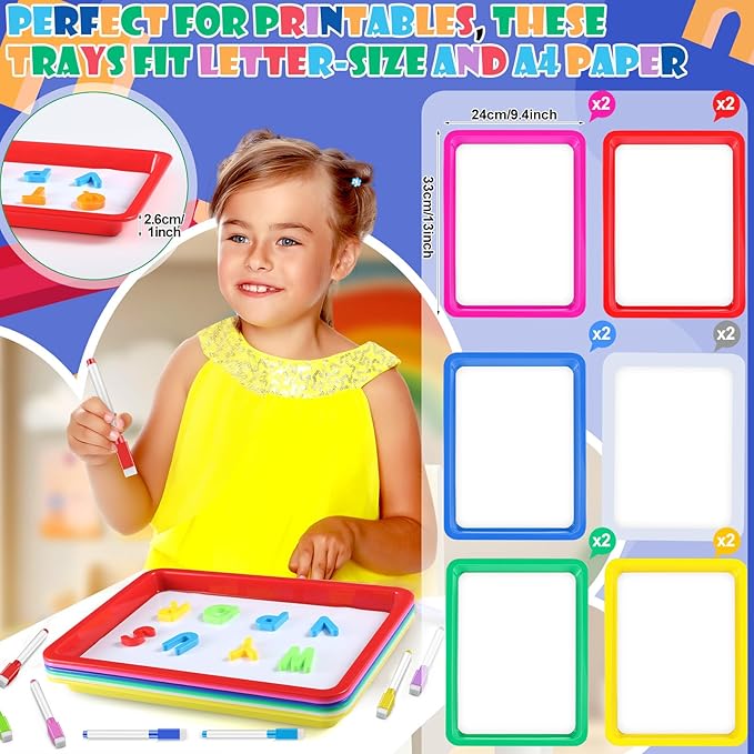 Magnetic Dry Erase Activity Trays Set 9.44 x 13 Inches Classroom Stackable Magnetic Trays with 8 Colorful Dry Erase Markers Letter White Board for Kid Teacher Supplies(12 Pcs,Bright Colors)