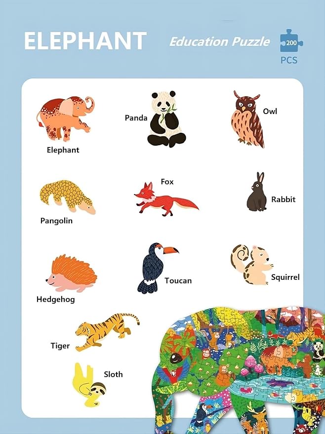 PINU Jigsaw Puzzles for Kids Ages 3-5, 6-8, 8-10, Children Colorful Fun Animal Shaped Puzzle Learning Educational Toys Gifts Games for Boys and Girls (Elephant-200 PCS)