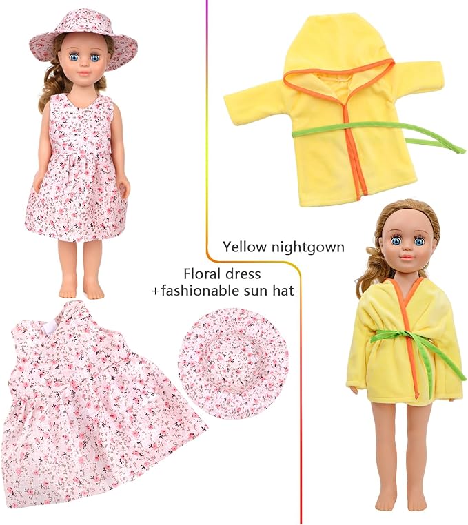 MSYO 10 Sets (19 Pcs) Doll Clothes for 17-18 Inch Dolls, Diverse Outfits (Dinosaur Print, Flamingo Top, Floral Dress) & Casual Wear, Fashion Dress-Up Set for Kids’ Play & Gifting