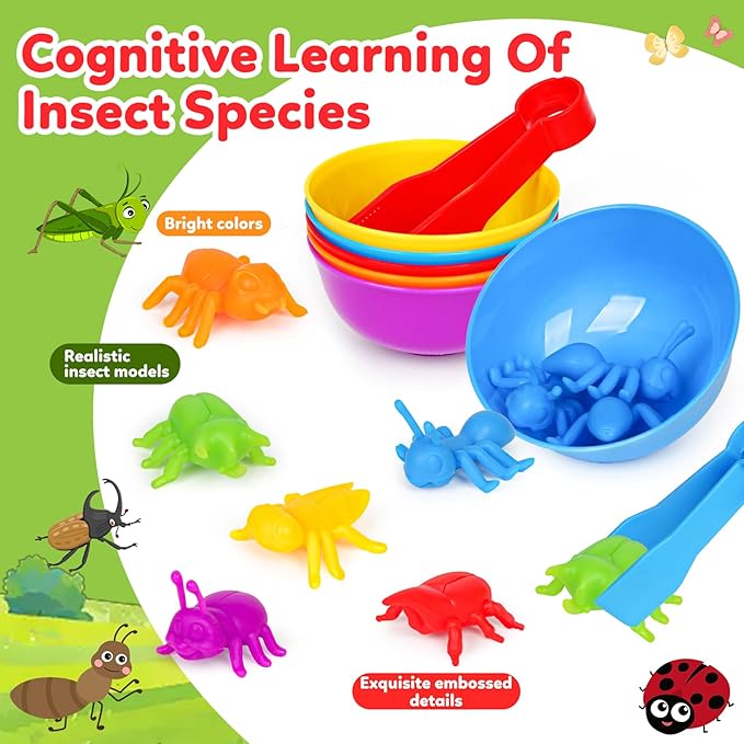 Counting Insects Matching Toys with Sorting Bowls and Games Dice Montessori Preschool Educational Activities Learning Color Sorting Fine Motor Skills Sensory Toys Birthday Gifts for 3 4 5 Year Old