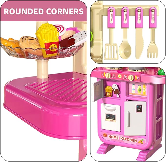 TEMI Pretend Food Kitchen Toys for Girls Age 3 4 5 6 7 8 - Kitchen Accessories Platset with Sound and Light, Cutting Food Toy, Pretend Play for Kids, Indoor Outdoor Cooking Set, Birthday Gifts 8-9