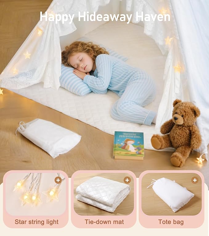 Kids Teepee Tent with Starry Lights, Ground Mat and Pockets, Teepee Tent for Kids Indoor & Outdoor Use, Foldable Play Tents for Boys & Girls, Washable Toddler Playhouse for Birthdays & Holidays