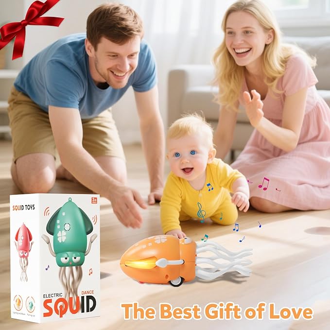 Dancing Octopus Baby Toys, Electric Crawling Squid Infant Tummy Time Toy with Light & Music, Interactive Sensory Toy for Toddlers & Kids (Ages 0-6+), Birthday Gift for 6 12 18 24 36+ Months Boy Girl