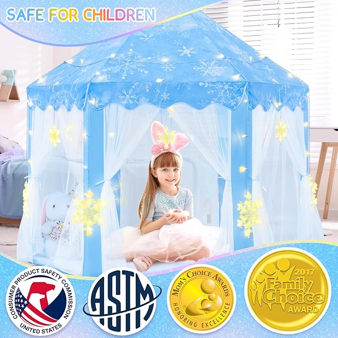 EVOIONOS Frozen Princess Tent for Girls, Play Tent with Large Snowflake Lights for Kids, Castle Playhouse for Children Indoor Outdoor Games, 55 x 53 inches, Blue