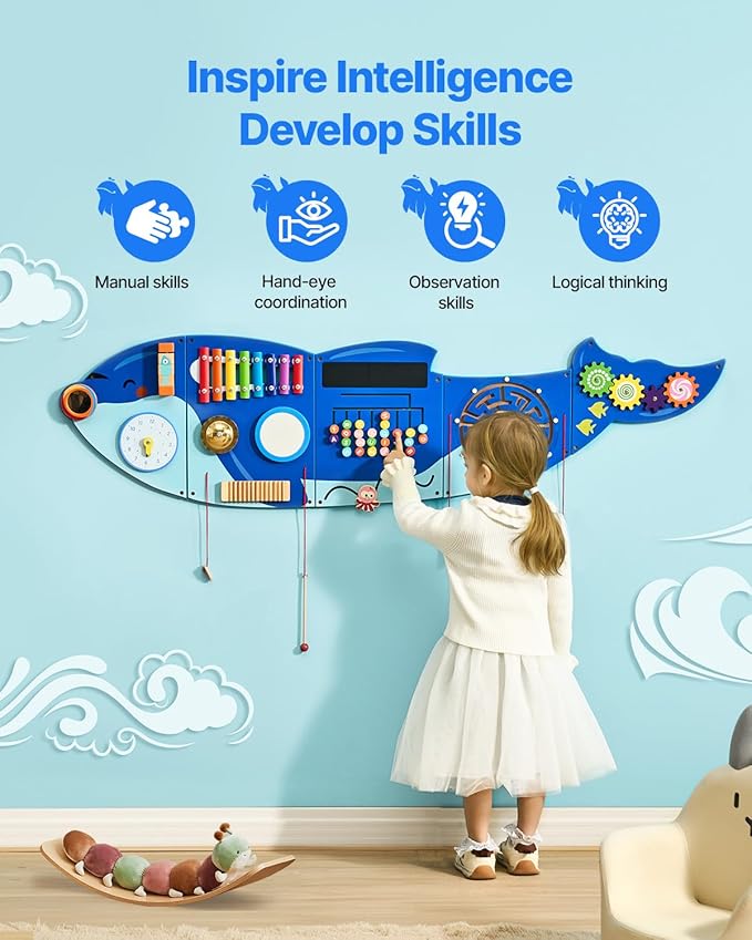 VEVOR Orca Activity Busy Board Wall, 12 Activities Board, Montessori Sensory Wall Panel for Kids 3-12 Years, Sensory Activity Panel, Ideal for Toddler Playroom Nursery Classroom