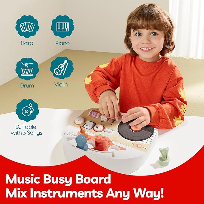 TOP BRIGHT DJ Music Busy Board - Wooden Toddler Toys for Boys and Girls，Montessori Sensory Toy with 14 Activities with Sound Blocks, Portable Travel Toy for 18M+