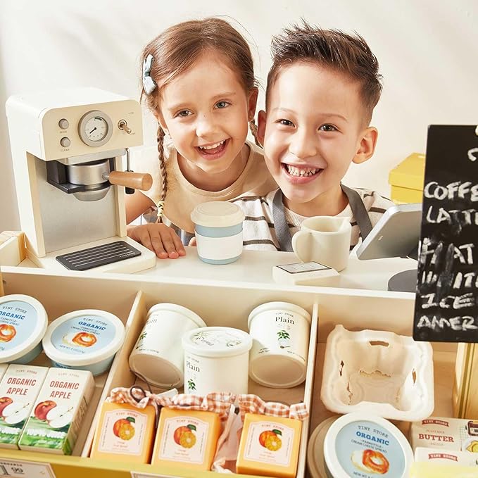 Tiny Land Wooden Play Store – Pretend Farmers Market & Coffee Shop with Cash Register, DIY Price Tags, Chalkboard, Pretend Grocery Store Role Play Toy for Toddlers