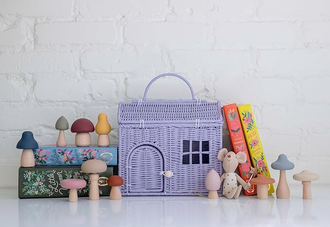 Rool Rattan House Shaped Basket Wicker Small Dollhouse Gift for Girls, Boho Toys, Mouse in a Box House, Little Girl Purse Clutch, Doll Carrier (Purple)