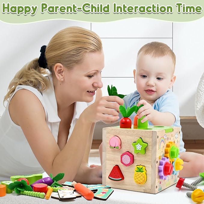 Baby Wooden Activity Cube Montessori Toys for Boys Girls Birthday Gifts, 5 in 1 Early Educational Learning Fine Motor Skill Game Toys for Toddlers Kids 18 24 Month Christmas Stocking Stuffers