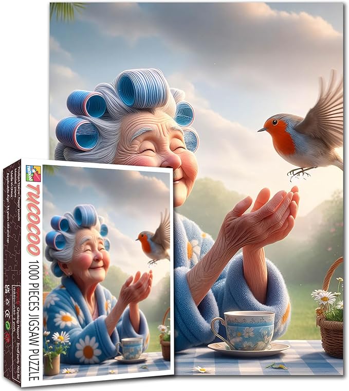 Grandma with Bird and Tea Jigsaw Puzzles for Adults 1000 Pieces Garden Scene DIY Puzzles for Challenging Family Activity Games Elderly Lady Art Jigsaw Puzzles Home Wall Decor Craft Gifts 20x27 Inches