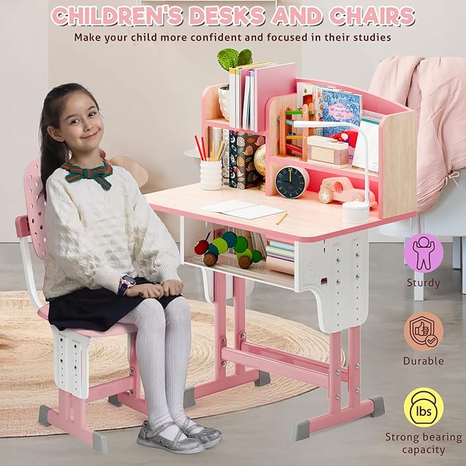 2025 NEW Kid's Study Desk and Chair Set, Ergonomic Height Adjustable Children Study Desk with Tilt Desktop, Book Stand, Light, Metal Hook and Storage Drawer,Gift for Boys Girls (Pink 70cm no lean)