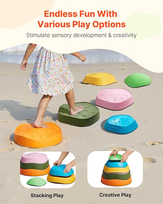 VEVOR Balance Stepping Stones for Kids, 6 PCS, Up to 220 lbs, Non-Slip Toddlers Sensory Stepping Stones, Obstacle Course Coordination Game Toys Indoor or Outdoor Play for Children Aged 3 4 5 6 7 8+