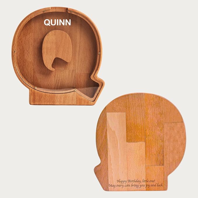 Personalized Wooden Piggy Bank – Custom Letter Q Coin Bank in Beech Wood with Clear Acrylic Front, Engraved Name Option, Money Saving Box for Kids and Adults, Baby Shower or Birthday Gift