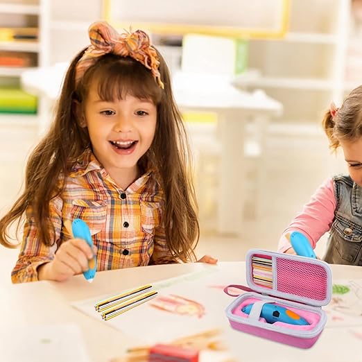 co2CREA Hard Case for 3Doodler Start+ Essentials (2024) 3D Pen Set - Storage Organizer with Custom Slots for Art Activity Set, Printing Filament Refill and USB Charger, Pink Case + White Zipper