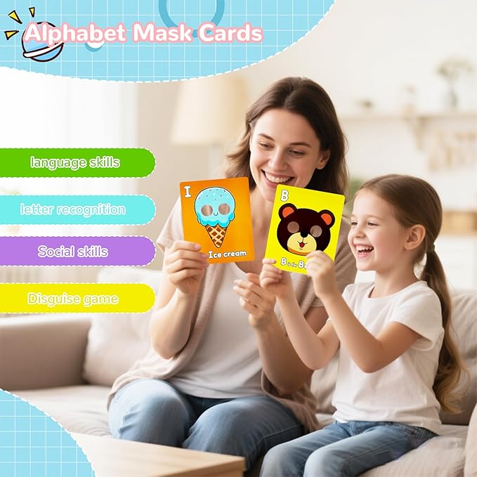 26 PCS Alphabet ABC Flash Cards with Animal Masks, Colorful Alphabet Mask Cards, Giant Letter ABC Animal Faces Flash Learning Flashcards, Interactive Education Games, Learn Letters
