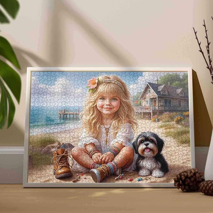 Tucocoo 1000 Piece Jigsaw Puzzle for Adults, Cute Girl and Puppy, Beach Cottage, Coastal Ocean Summer Puzzle, Family Games Art Puzzles, Cute Dog Jigsaw for Women, DIY Puzzle Wall Art Decor Gifts