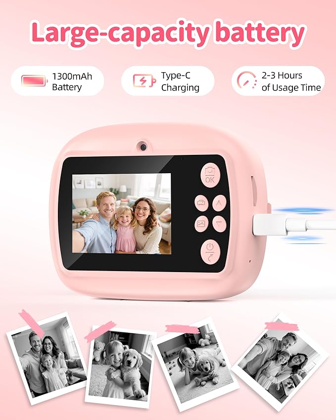 Kids Instant Print Camera,1080P Video Instant Digital Camera for Kids, Christmas Birthday Gift for Girls and Boys Age 3 4 5 6 7 8 9 10, Toy Camera with 32GB SD Card,Christmas Stocking Stuffers, Pink