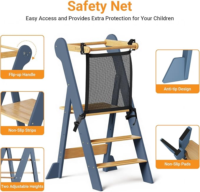 COSYLAND Foldable Toddler Kitchen Stool Helper - Height Adjustable Standing Tower for Bathroom Sink or Kitchen Counter - Step Stool for Toddlers Ages 18 Months to 6 Years Gray & Natural