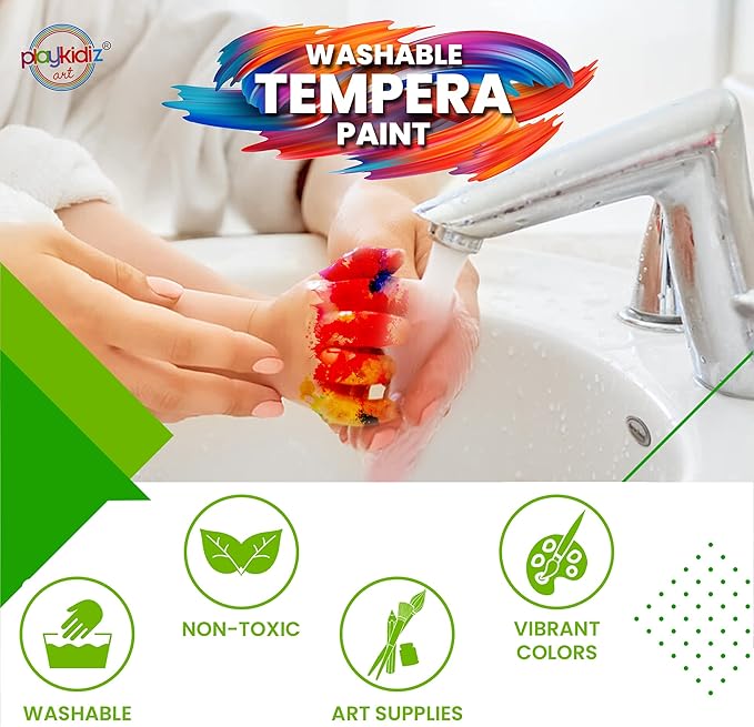 Washable Tempera Paints Set of 18 for children, Kids Non-Toxic Acrylic Paint, Kid Friendly, Kid Safe Paint Set, Includes Variety of Brushes, Color, Craft, Create and Party.