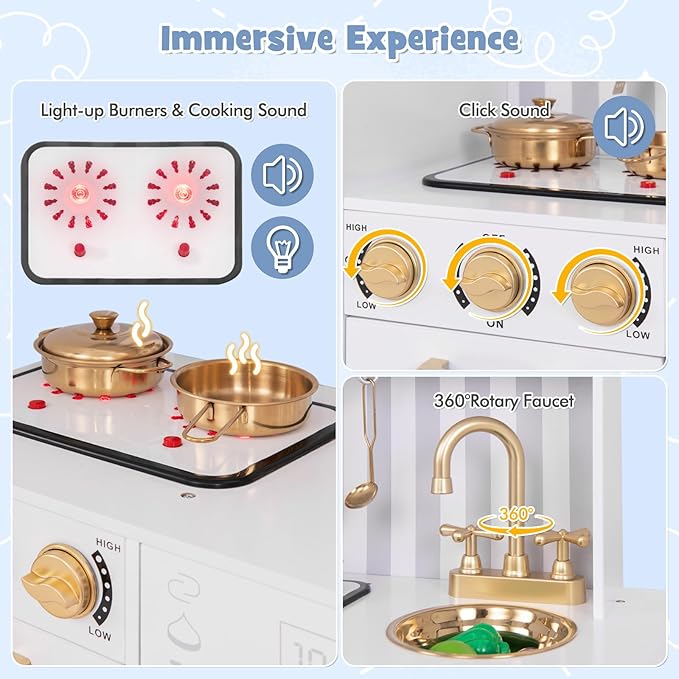 HONEY JOY Kids Kitchen Playset, Wooden Little Chef Pretend Play Kitchen Set w/Chalkboard & Water Dispenser, Lighted Stove, Storage Cabinet, Utensils, Play Kitchen for Toddlers, White + Golden
