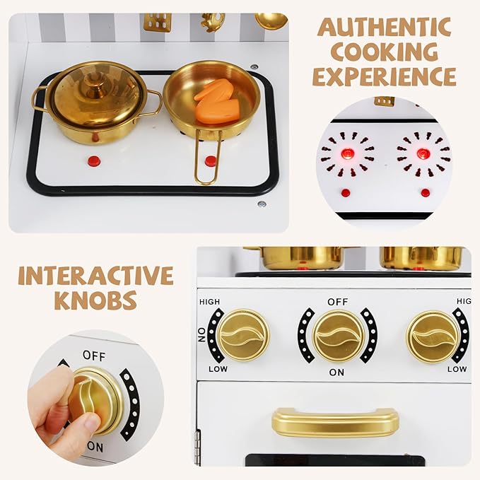 INFANS Kid Kitchen Playset, Toddler Wooden Pretend Cooking Set with Realistic Light & Sound, Stove, Sink, Microwave, Storage Cabinet, Play Kitchen Toy Set for Children Boys Girls (Gold)