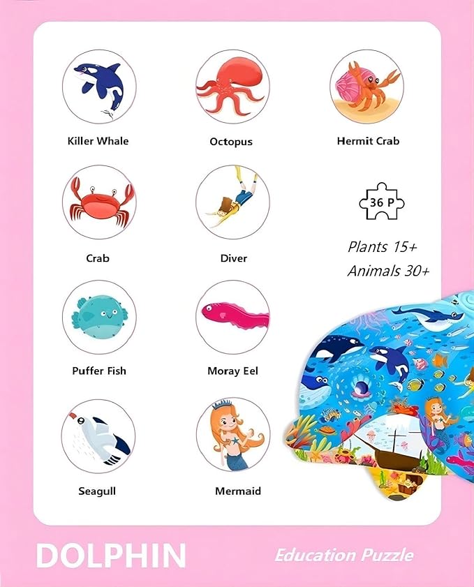 Floor Puzzles for Kids Ages 3-5, 4-6, Big Pieces Jumbo Puzzles Colorful Animal Shaped Puzzle Learning Educational Toys Games Gifts for Children(Dolphin-36 Pieces)