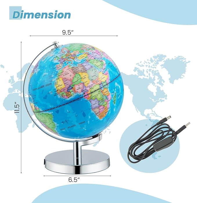 Nightcore World Globe for Kid Learning, 9'' Educational Classic World Globe with Metal Stand& Built-in LED Night Light, 88 Illuminated Constellations View, Desk Decoration Earth Map for School, Home, and Office