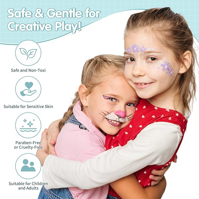 Face Painting Kit for Kids 24 Colors Water-Based Non-Toxic Face Paint Palette With Brushes&Stencils, Hair Chalk, Gems, Glitters, Crayon, Halloween Makeup Kit for Parties, Cosplay, Face Body Art