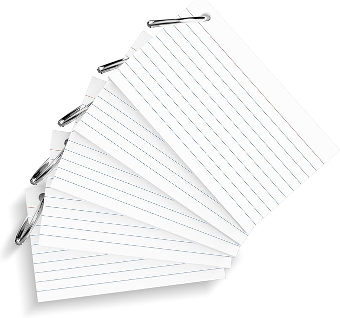 250 Count White Index Cards 3x5 Inch with Key Ring, 180gsm Heavyweight Flash Card (50 Sheets Each), Durable & Portable Note Taking for Students, Teachers, Study Note Cards for Office Home School