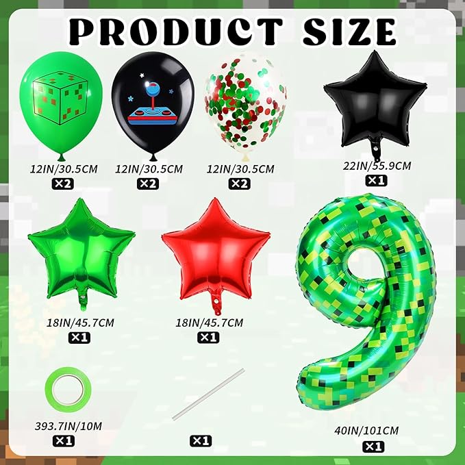 40in TNT Pixel Number 9 Balloon Birthday Decorations, Miner Theme Green Foil Balloons Blast Gaming Party Supplies