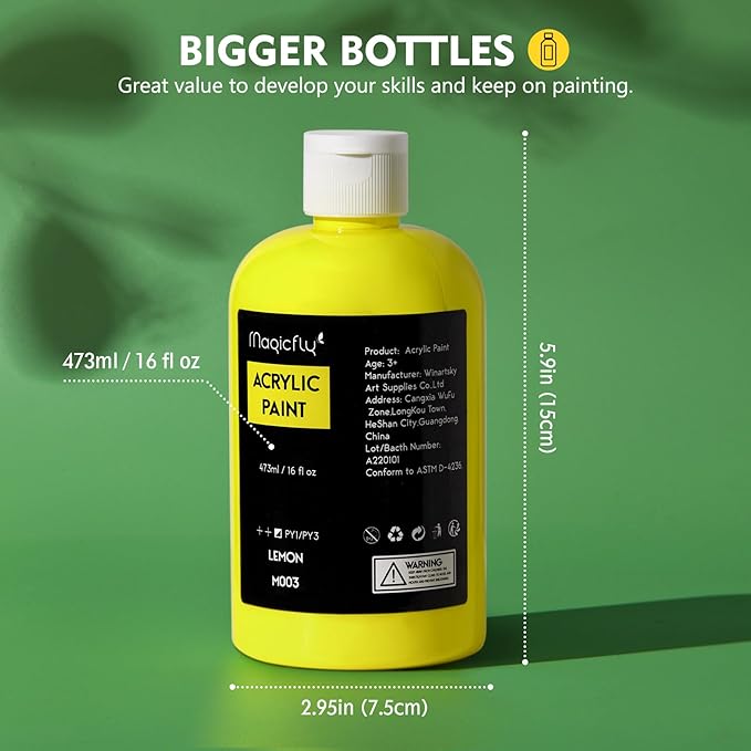 Magicfly Acrylic Paint 12 Colours/473ml, Large Bottles Acrylic Paint Set Rich Pigment Colours for Artists, Beginners, Amateurs on Glass, Stone, Canvas, Wood, Craft