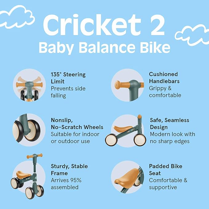 Retrospec Cricket 2 Baby Walker Balance Bike with 4 Wheels - Safe Learning Toy for Ages 12-24 Months - Scratch-Resistant Indoor Outdoor Toddler Riding Toy with Steering Limit & Soft Grips