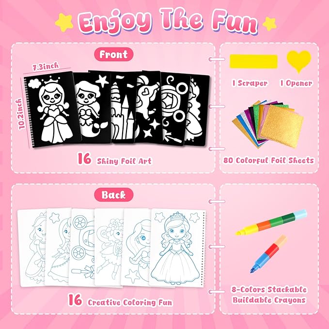 3 otters Foil Art Fun, Princess Arts and Crafts for Kids DIY Creative Travel Toy Birthday Gifts for Girls 4 5 6 7 8