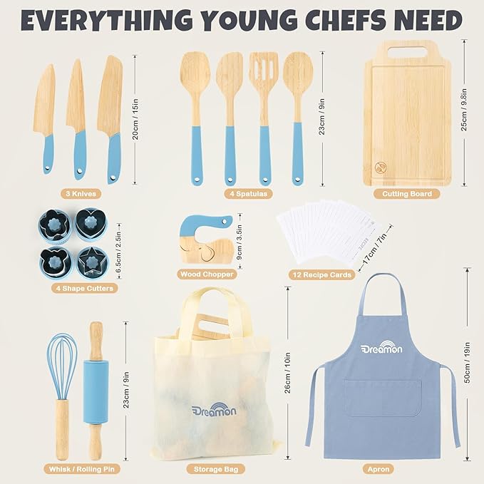 29 PCS Wooden Kids Cooking Set, Toddler Montessori Cooking & Baking Kitchen Tools for Real Cooking, 3 Knifes, Real Cutting Board, Apron, Kid Safe Kitchen Utensils for 3+ Year Old Boys Girls Gift
