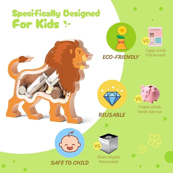 Wooden Lion Piggy Bank for Kids, Lion Piggy Bank with Acrylic Panels, Unbreakable Toddler Money Box for Boys Girls, Cute Kids Saving Coin Jar for Home Décor, Birthday