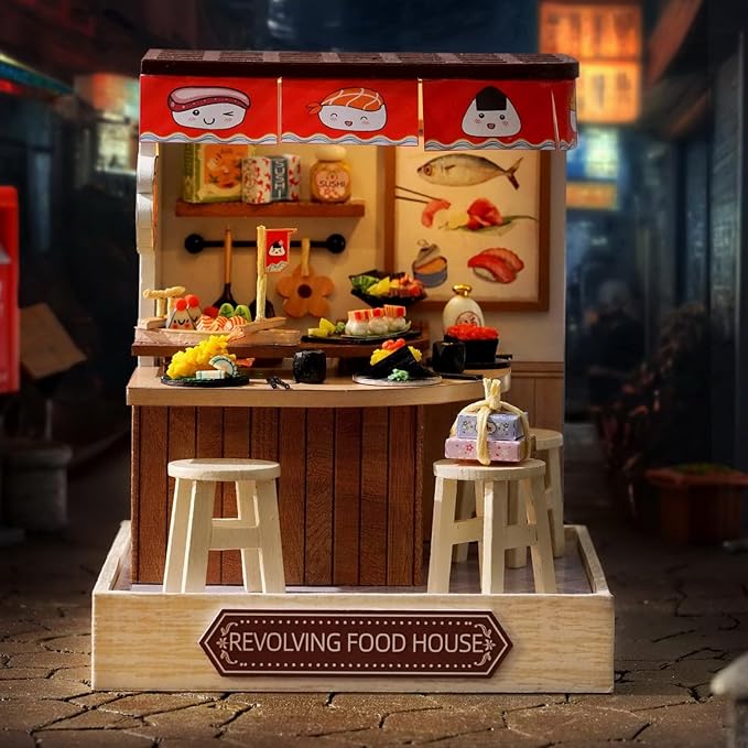 TuKIIE DIY Miniature Dollhouse Kit with Furniture, 1:24 Scale Creative Room Mini Wooden Doll House Plus Dust Proof for Kids Teens Adults(Revolving Food House)