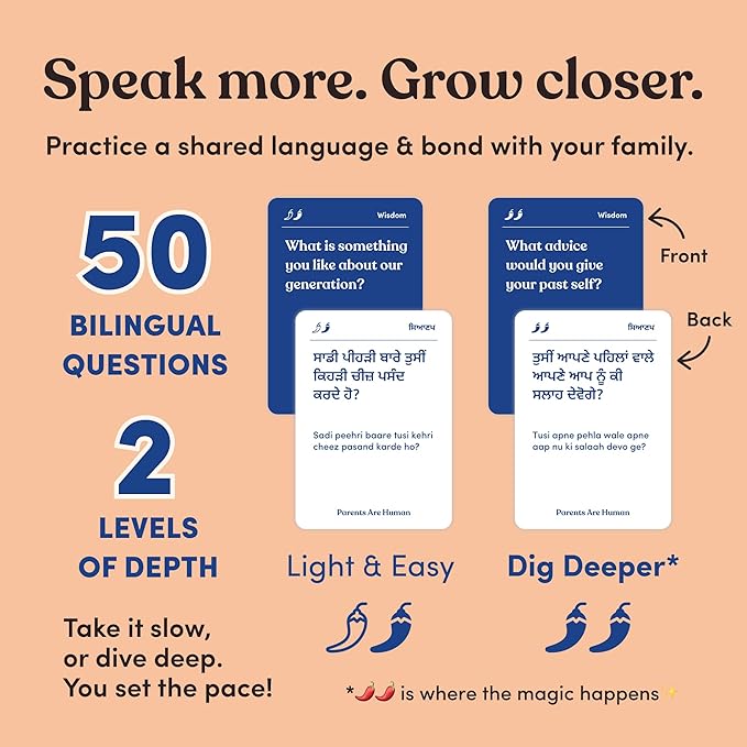 Parents Are Human, Get to Know Each Other Better, Parents, Families, Teens & Kids Relationship Building, Light & Deep Questions, 70 Questions & Activity Cards, English + Punjabi/Gurmukhi