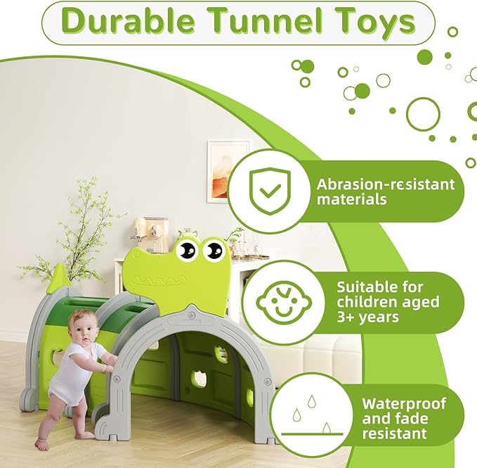Glaf Tunnel Toys for Toddlers Climb and Crawl Baby Tunnels Play Tunnel for Kids 3-6 Years Old Indoor & Outdoor Toddler Play Equipment for Daycare, Preschool, Playground (Green, 3 Section)