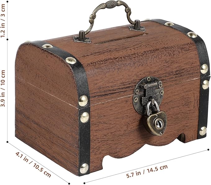 TOYANDONA Wooden Piggy Bank - Wood Treasure Chest with Lock and Key - Small Wooden Box Vintage Coin Bank Money Saving Box for Home Decor